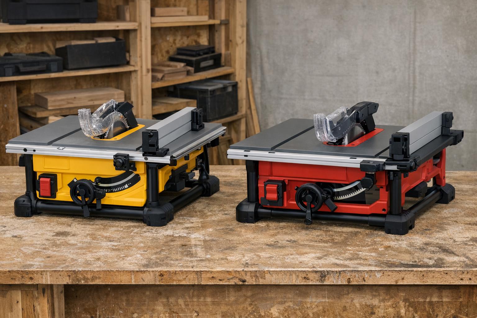 Zdjęcie porównania pilarek stołowych DeWalt i Milwaukee obok siebie